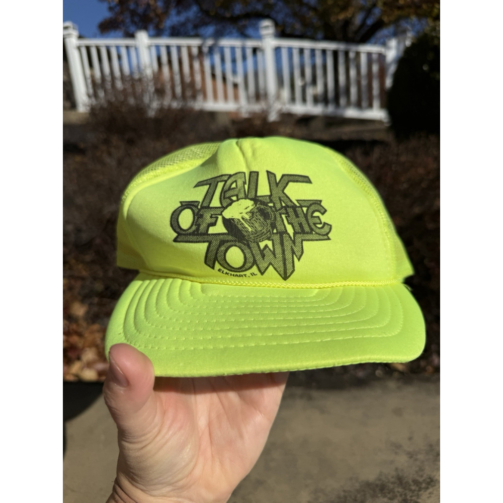 Vintage 80s Elkhart Illinois “Talk Of The Town” Bar Neon Green Trucker Mesh Hat
